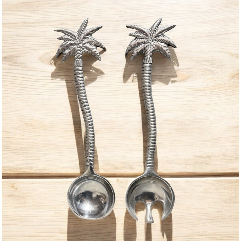 IHI Palm Tree Salad Fork Spoon Serving Set Silver Tone Metal 13" Beach House